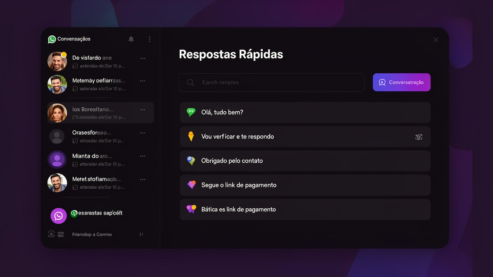 Tela de respostas rápidas do Conecte Chat CRM